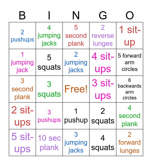 EXERCISE Bingo Card