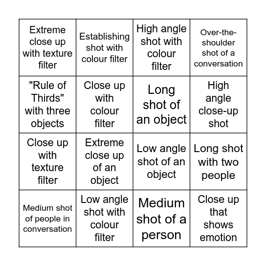Camera Shot Bingo Card