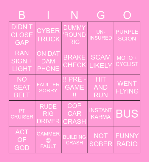 AARBIE'S DASHCAM BLINKER BIGO Bingo Card