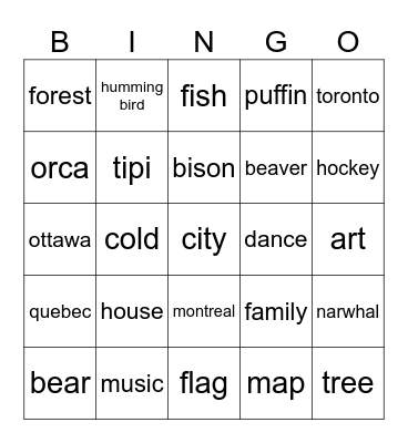 Canada Bingo Card