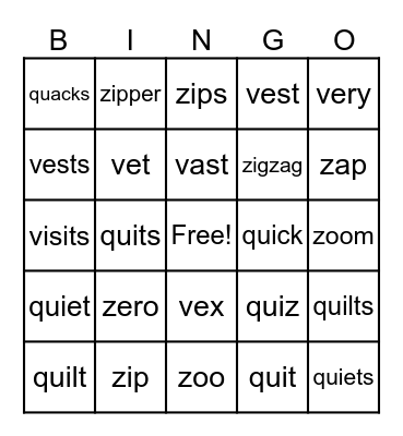 LETTERS V, Z and Q Bingo Card
