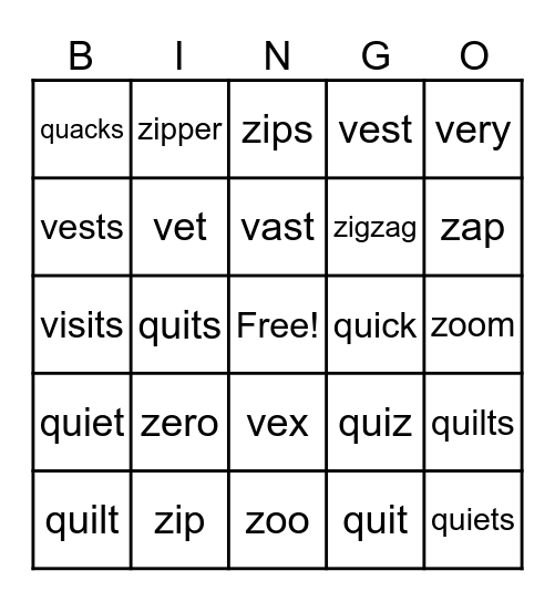 LETTERS V, Z and Q Bingo Card