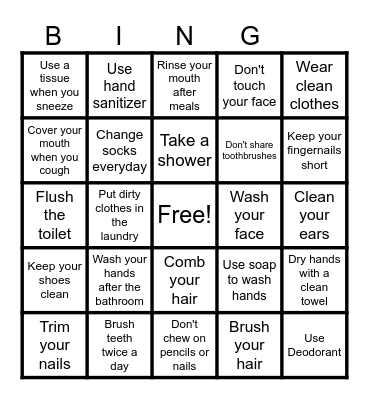 Hygiene Bingo Card