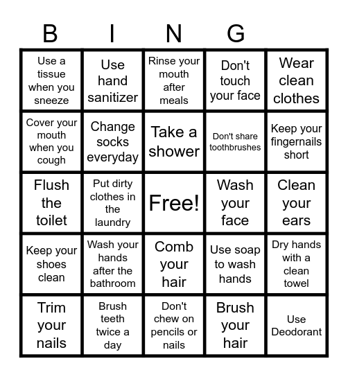 Hygiene Bingo Card