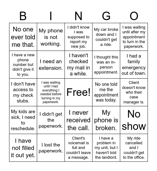Excuse BINGO Card