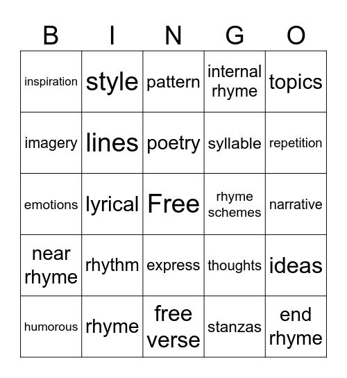 Week 30 - Poetry Bingo Card