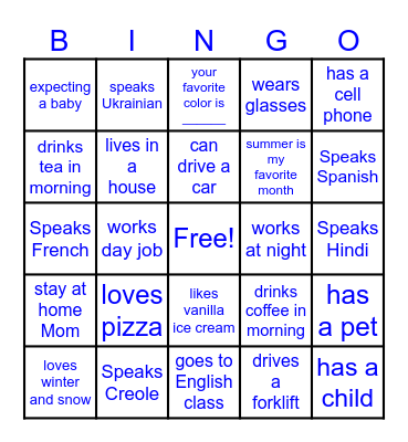 ESL:   Get to know you Bingo Card