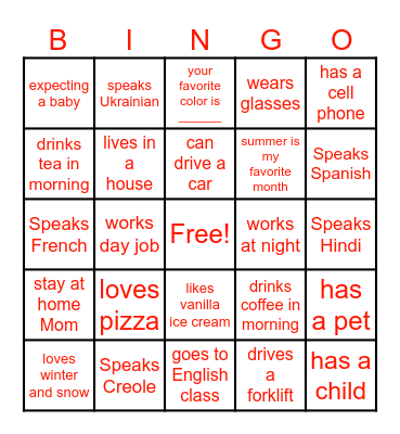 ESL:   Get to know you Bingo Card