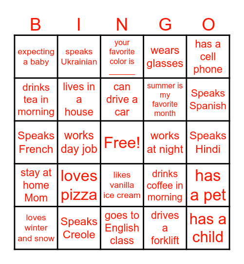 ESL:   Get to know you Bingo Card