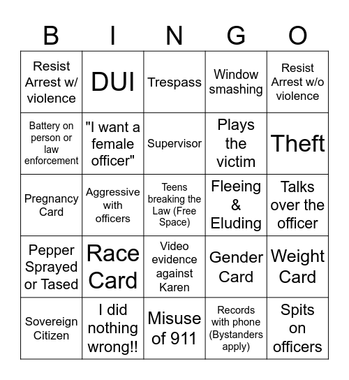 Karen Bingo Card