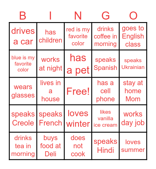 ESL:  Get to know you Bingo Card