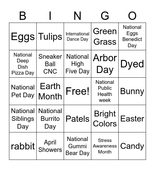 National Days in April Bingo Card