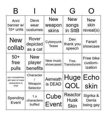 WuWa 2nd Anniversary Livestream Bingo Card