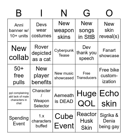 WuWa 2nd Anniversary Livestream Bingo Card