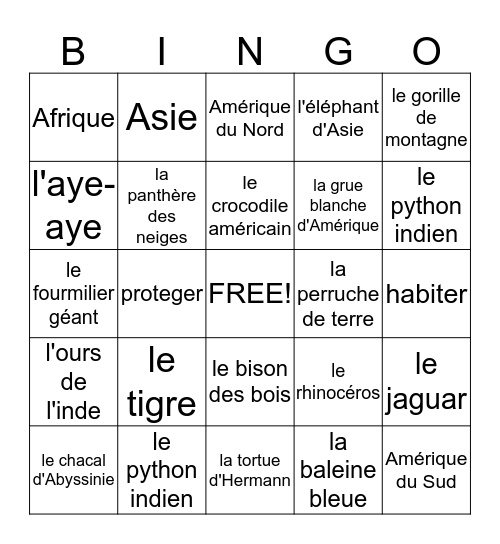 Les animaux en danger Bingo Card