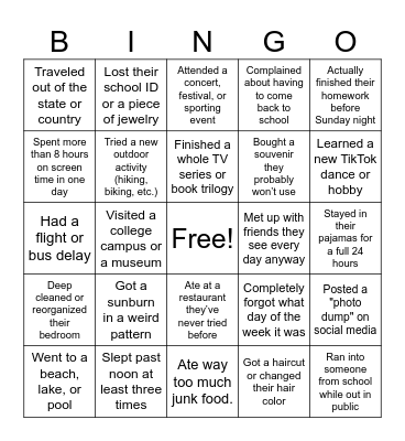 Spring Break Bingo Card