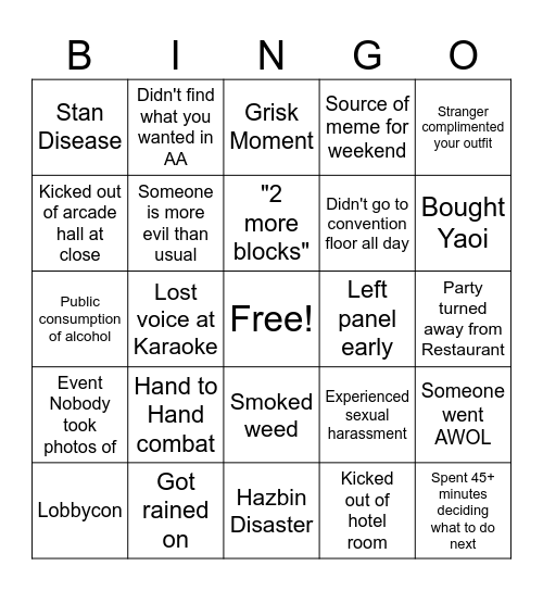 Sakuracon Bingo Card