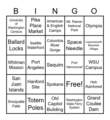 Washington State Landmarks Bingo Card