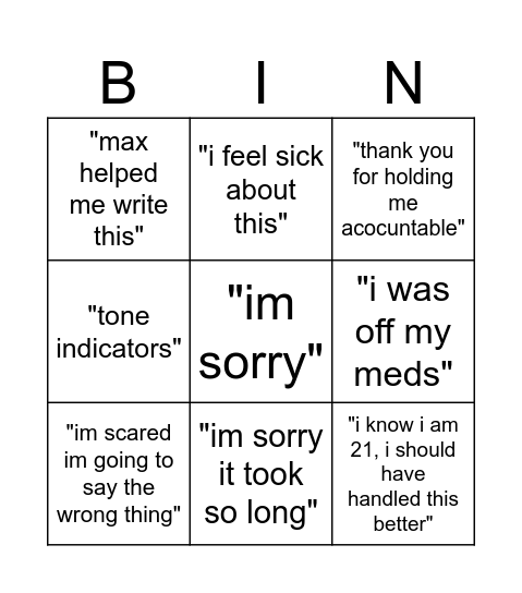 apology bingo (mio edition) Bingo Card