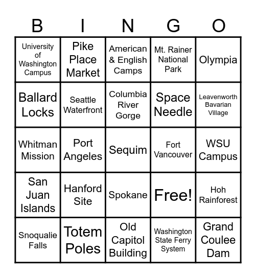 Washington State Landmarks Bingo Card