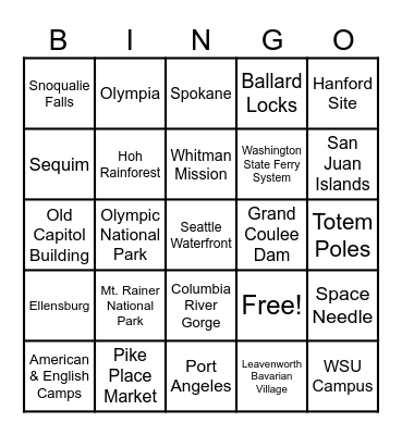 Wasington State Bingo Card