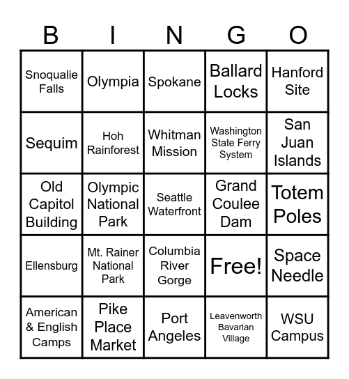Wasington State Bingo Card