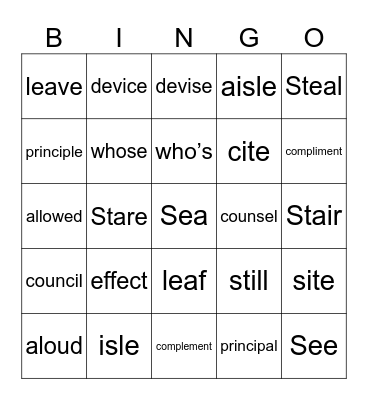 Homophones Bingo Card