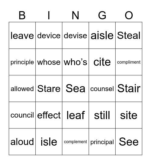 Homophones Bingo Card