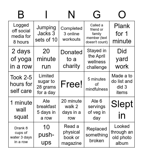 JM's April Wellness Challenge Bingo Card