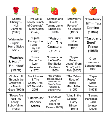 Songs with plants (flowers, trees, fruits, etc.) in the title Bingo Card