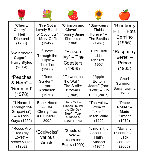 Songs with plants (flowers, trees, fruits, etc.) in the title Bingo Card