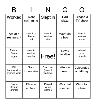Spring Break Bingo Card