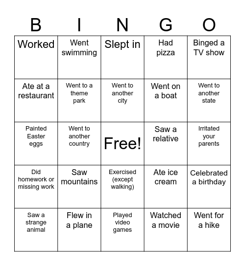 Spring Break Bingo Card