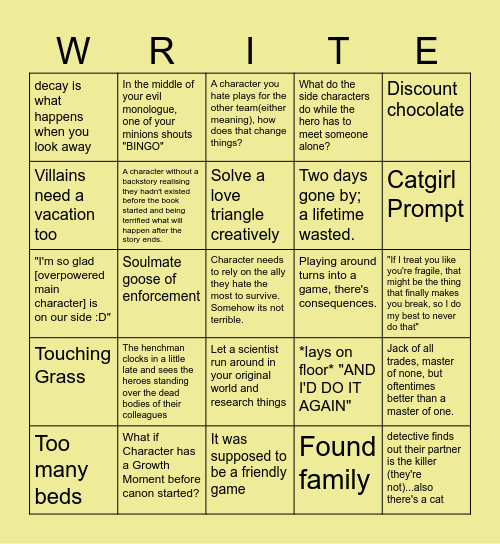 SSSH Writing Prompt Bingo 2026 Bingo Card