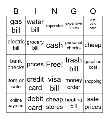 Paying Bills Bingo Card