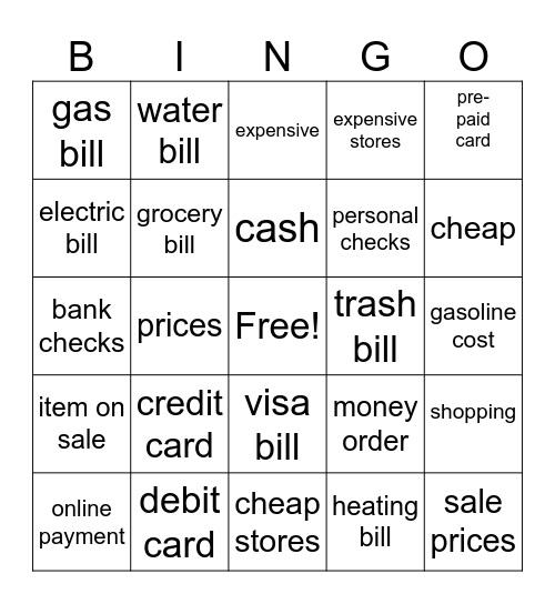 Paying Bills Bingo Card