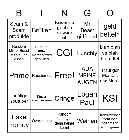 Mr Beast Bingo Card