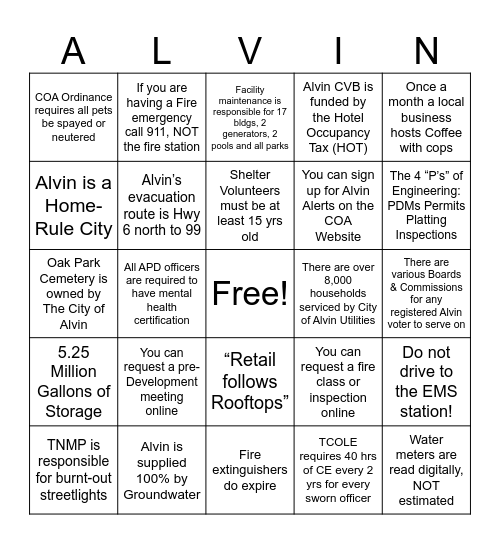 Citizens Academy Bingo Card