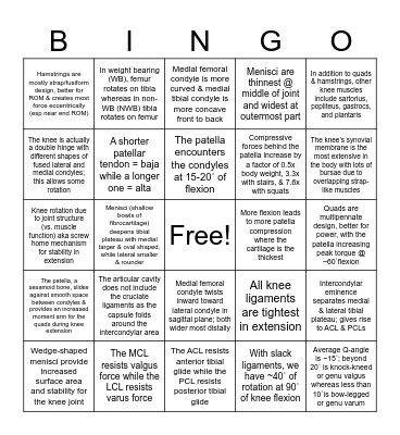 Knee fun fact BINGO Card