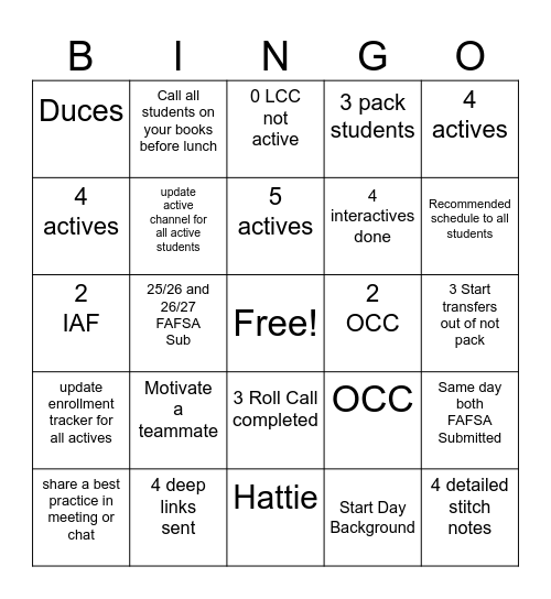 VIP Start Day Bingo Card