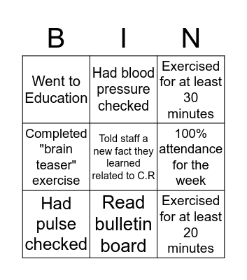 Cardiac Rehab Week Bingo Card