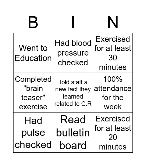 Cardiac Rehab Week Bingo Card