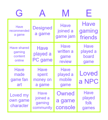 Gaming Bingo Card