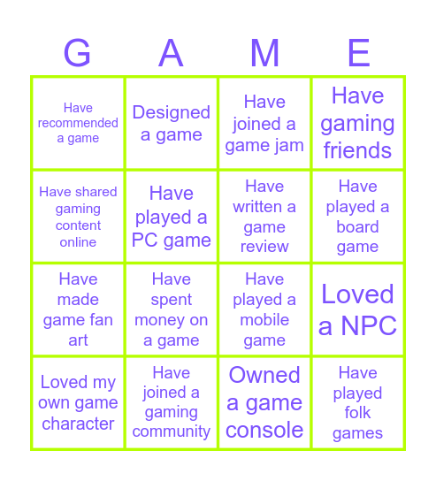 Gaming Bingo Card