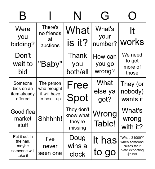 Auction Bingo Card