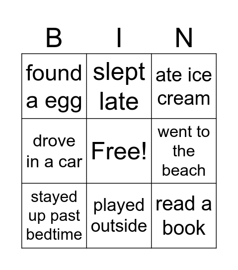 Spring Break Bingo Card