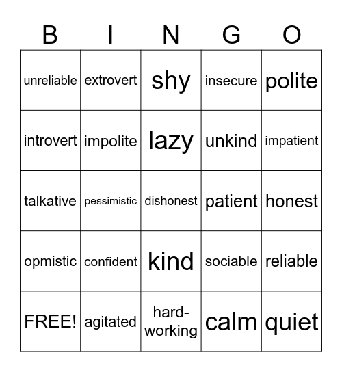 Opposite adjectives Bingo Card