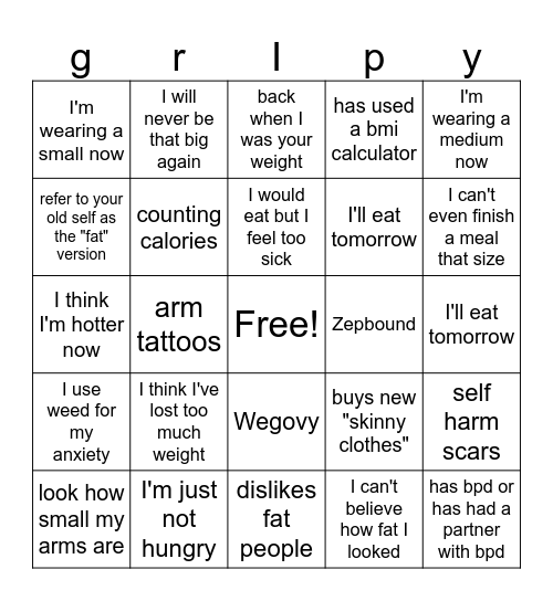 Anorexia bingo card Bingo Card