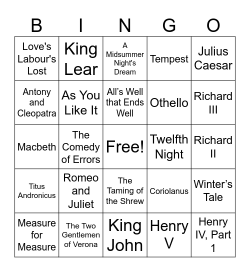 Shakespeare B-Day Bingo Card