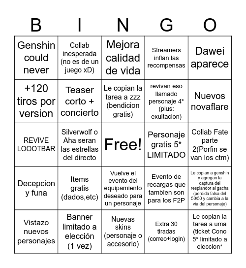 Bingo aniversario star rail Bingo Card